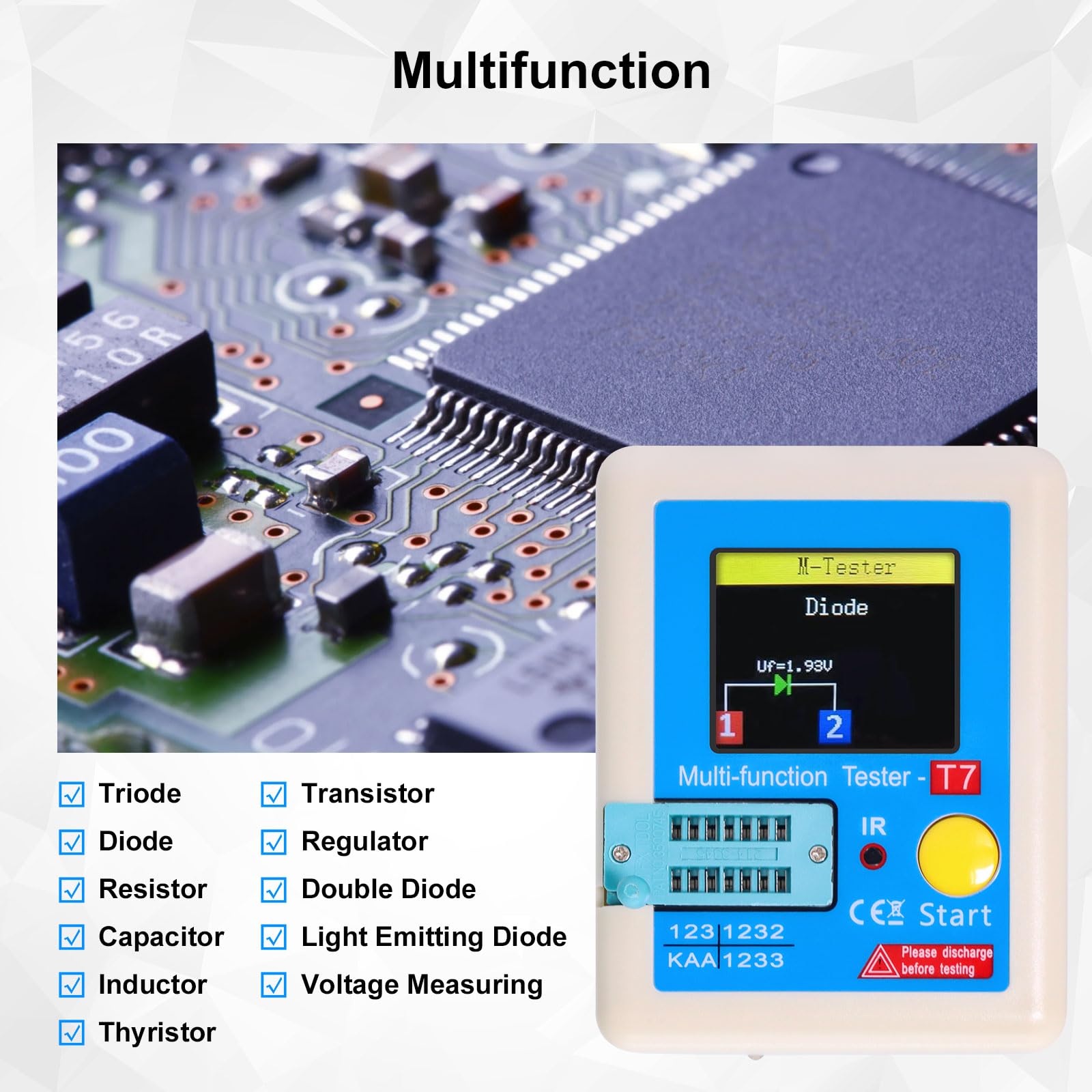 LCR-T7 Testeur de transistors avec écran couleur TFT AYWHP LCR-TC7 Mètre de transistor pour diodes, triodes, condensateurs, NPN, PNP, MOSFET IR