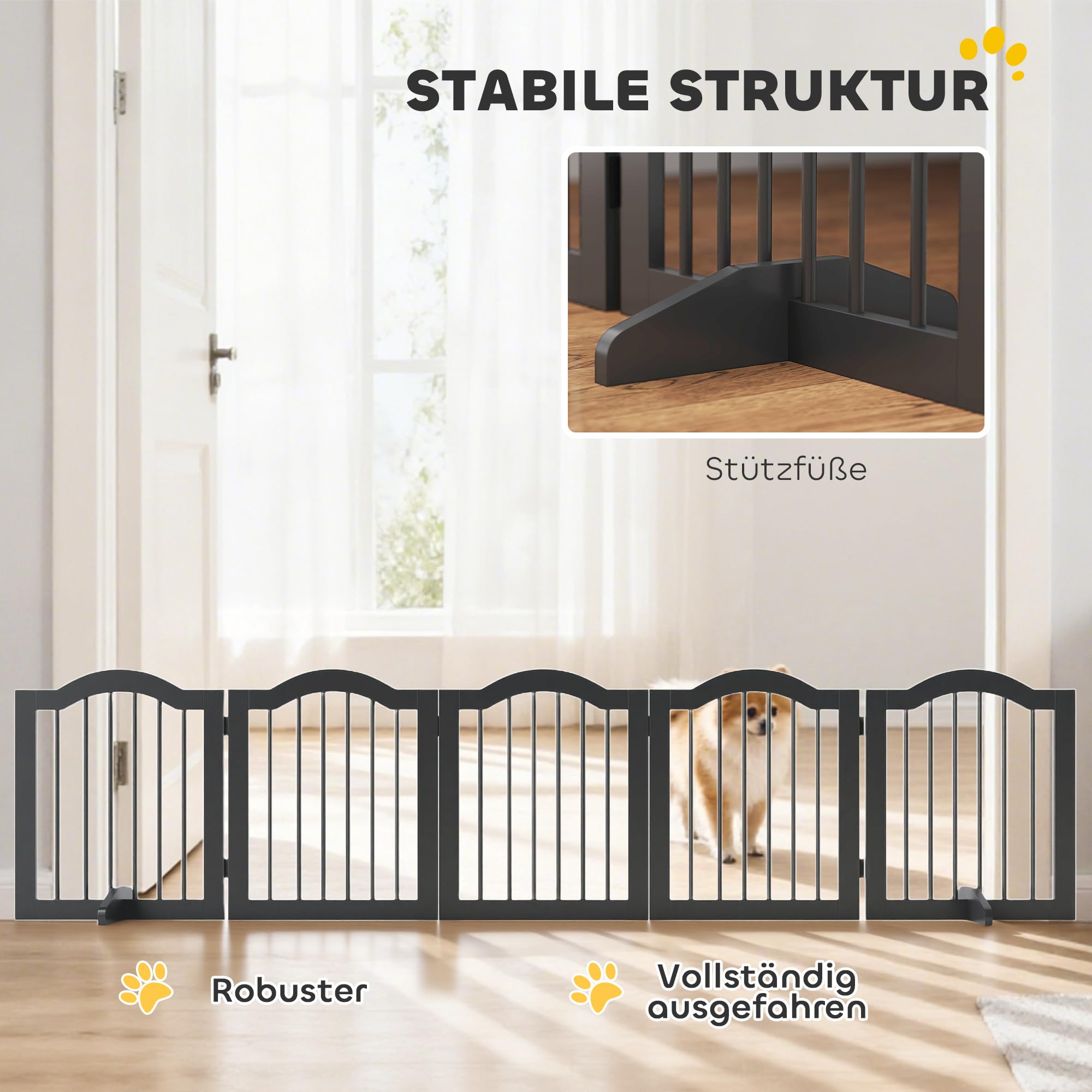 PawHut Barrera plegable para perro, 261,5 x 61 cm, color negro | Rejilla para perros de 5 piezas con puerta, con 2 patas de apoyo, rejilla para escaleras para cocina, pasillo