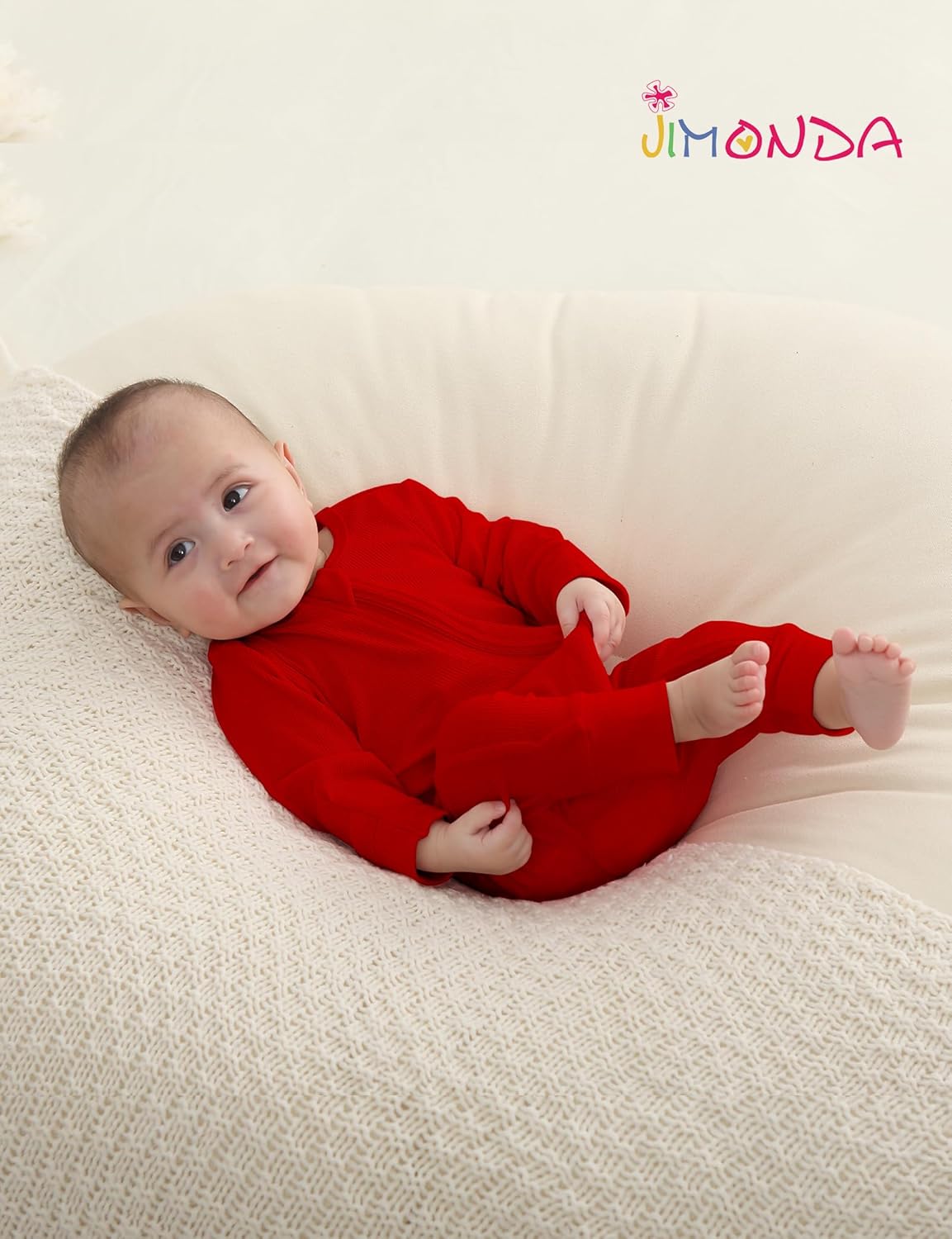 Jimonda Baby Jumpsuit,Ribbed Long Sleeve Romper,Girls Boys Footless Pajamas,Gender Neutral Clothes,2-Way Zip Sleepers Red - Image 4