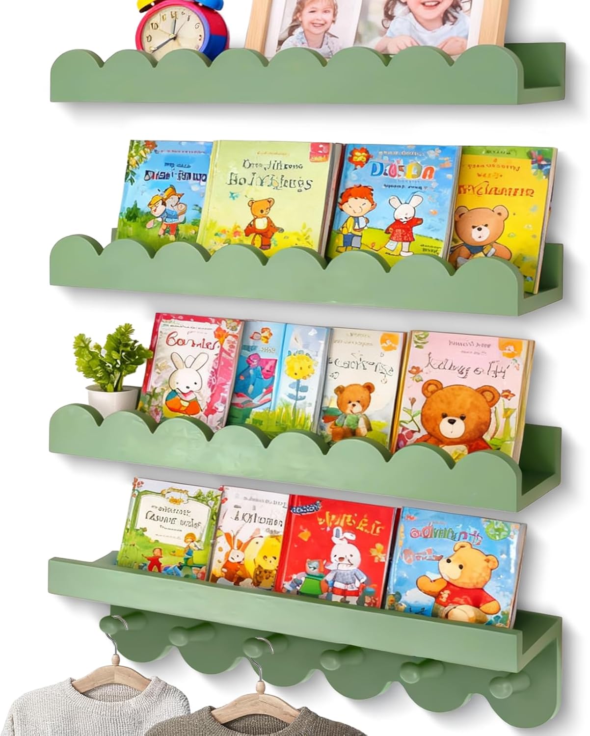 OurWarm Floating Book Shelves for Wall, 16 Inch Nursery Book Shelves Wall Shelves for Kids Room Set of 4, Wood Scalloped Bookshelf for Nursery Kids Bedroom Restroom Kitchen Living Room Decor