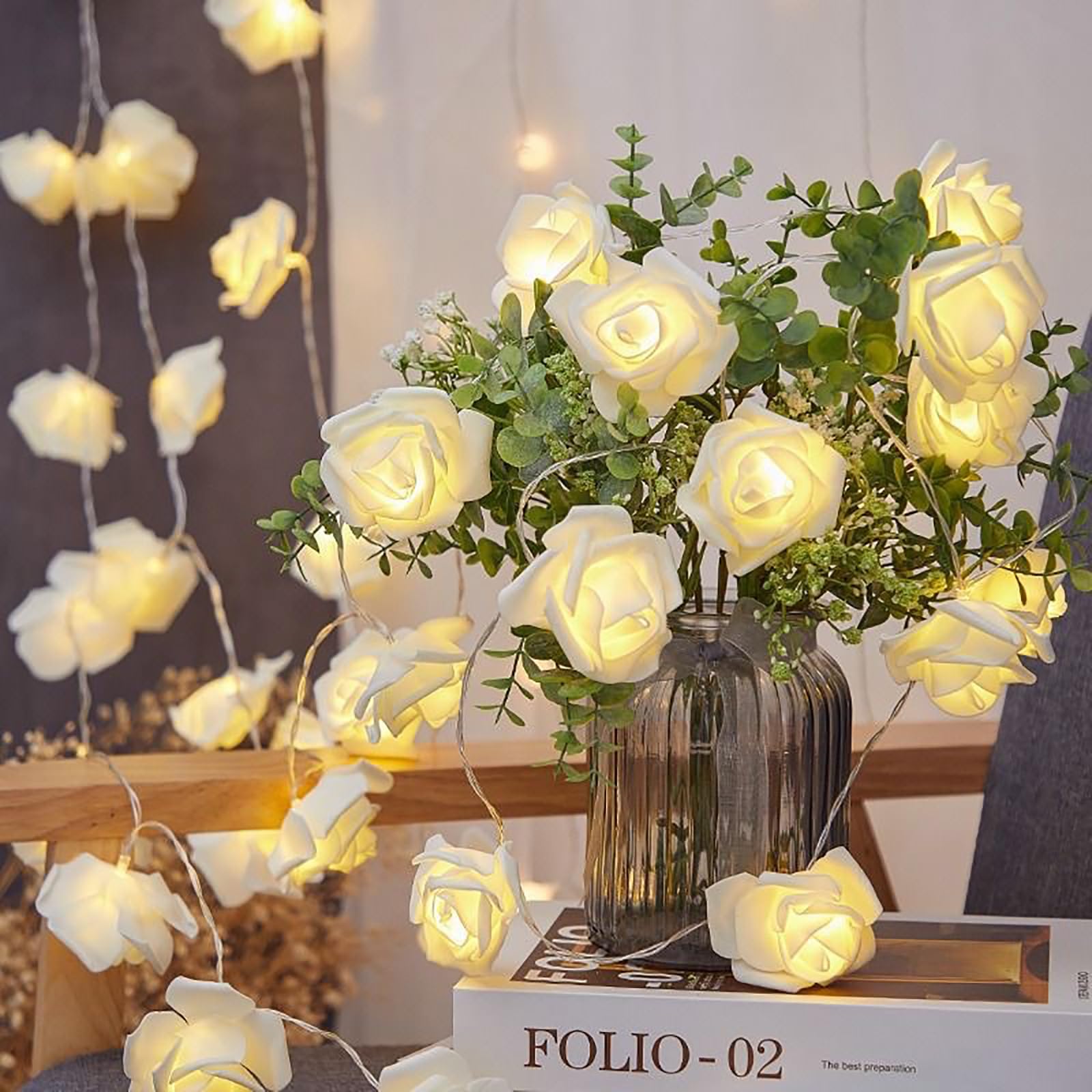 ZVO Guirnalda de luces LED de rosas de 3 m, con 20 luces LED, funciona con pilas, guirnalda de flores, para interiores, bodas, dormitorios, flores, decoración navideña (blanco)