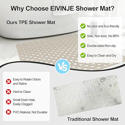 Miniatura 6 de Tapete de ducha antideslizante con ventosas, 27 x 27 pulgadas, tapete de ducha antideslizante de TPE de drenaje rápido para ducha interior, tapete
