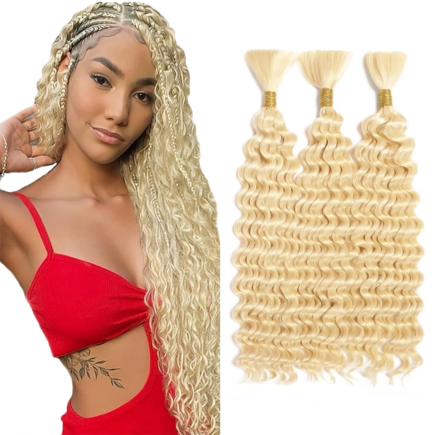 20 20 20 inch 613 Blonde Human Braiding Hair Deep Wave Bulk Blonde Deep Curly Hair for Boho Braids 3 Bundles 613 Color for Women