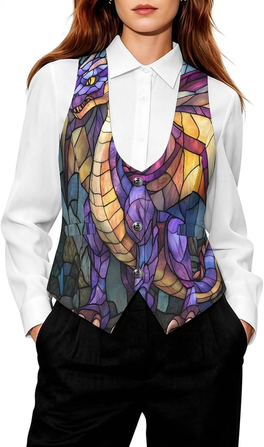 Dragon Stained Glass Women's Tuxedo Waistcoat Suit Vest | 3 Button V-Neck Slim Fit Casual Sleeveless Top