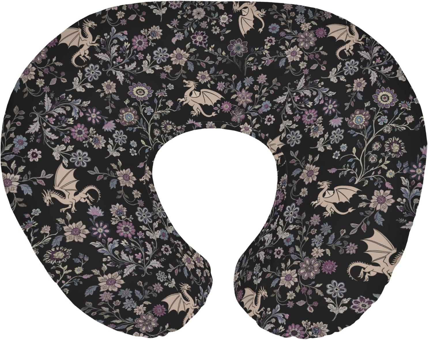 Fantasy Floral Dragons Baby Nursing Pillow Covers for Boy Girl Fairytale Dragon Gothic Black Purple Flowers Nursing Slipcovers for Breastfeeding Pillows Animal Soft Stretchy Cover for Newborn Infant