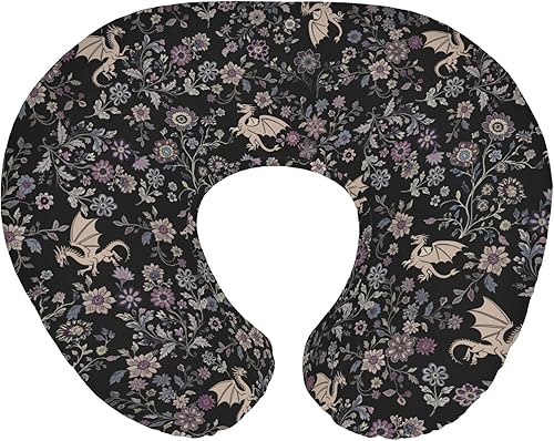 Fundas de almohada de lactancia de dragones florales de fantasía para niños y niñas, diseño de dragón gótico, flores negras y moradas, fundas de