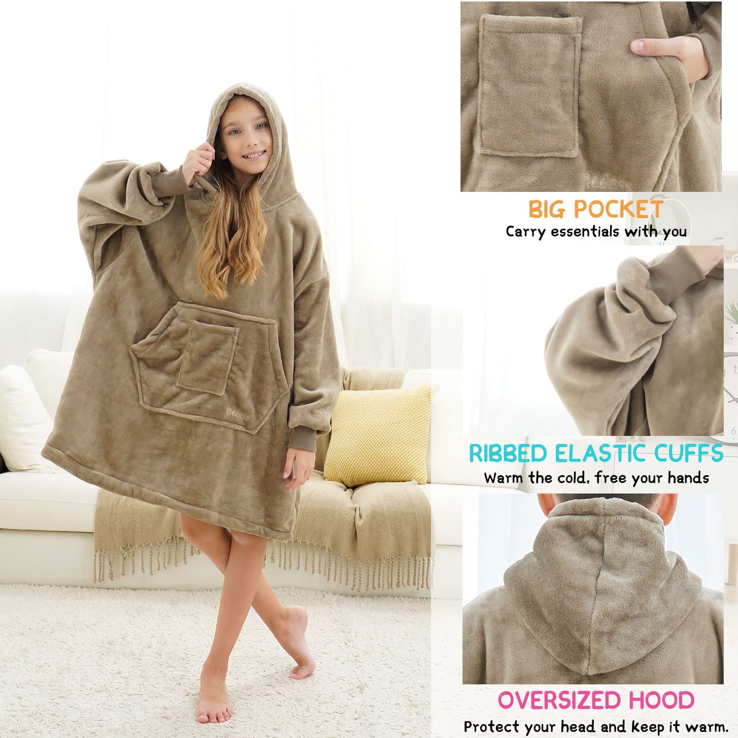 REDESS Blanket Hoodie Sweatshirt, Wearable Blanket Oversized Sherpa with Sleeves Giant Pocket, Cozy Hoodie for Children Kids