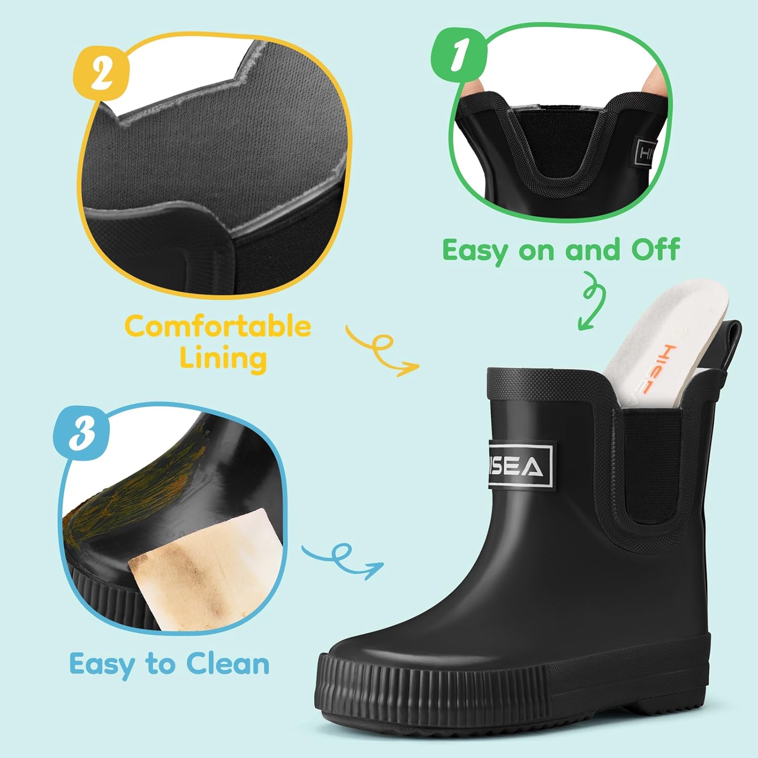 HISEA 100% Natural Rubber Boots for Kids Toddlers Ankle Rain Boots Waterproof Deck Shoes Boys Girls - Image 6