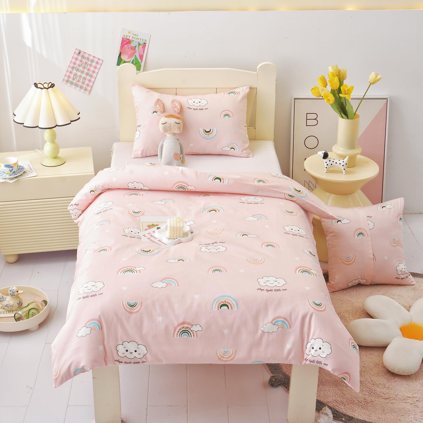 HMtideby Pink Rainbow Toddler Kids Bedding Set for Girls Cot Bed Duvet Cover with Pillowcase, 2 pcs, 120 x 150 cm