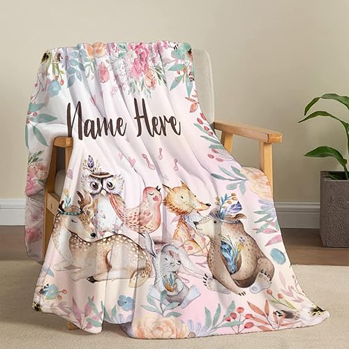 Miniatura 240 de Manta personalizada con diseño de jirafa y elefante, manta de franela suave, acogedora y ligera con nombre para sofá, cama, sofá, regalo, unisex