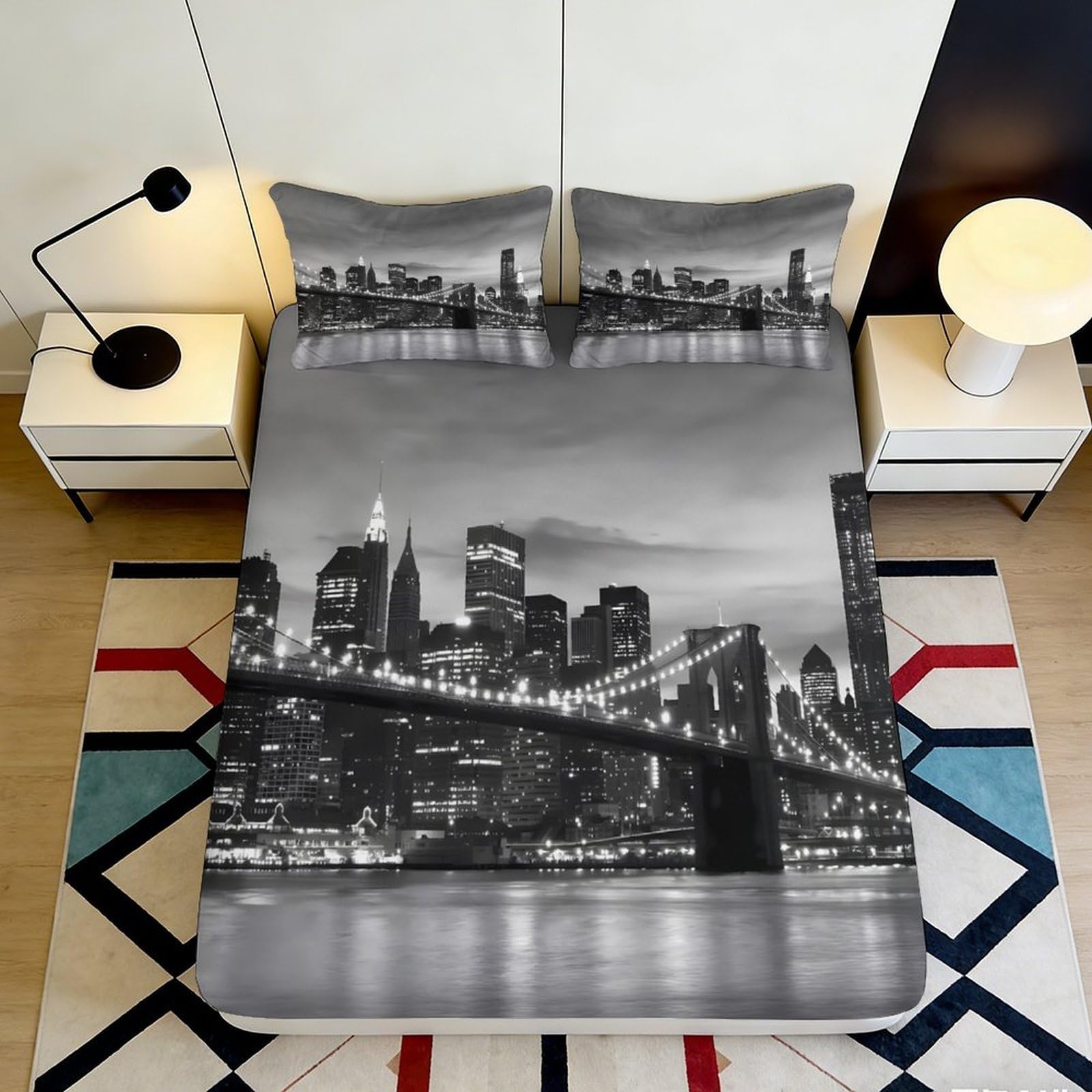 3D Printed City Nightscape Fitted Sheet Microfiber Soft Black White Skyline Mattress Cover for Bedroom Guest Room Decor 90x200x25cm