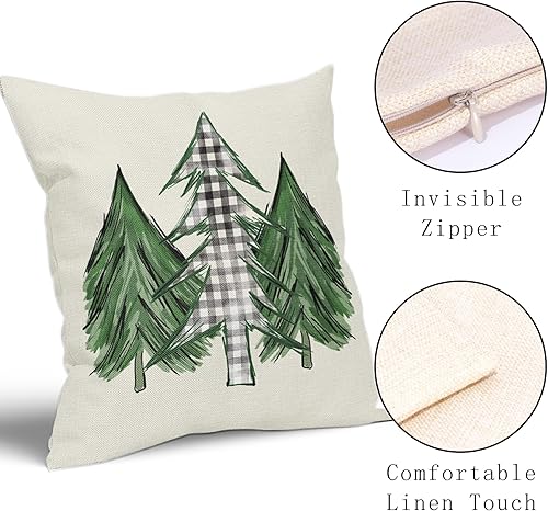 Miniatura 3 de Juego de 2 fundas de almohada con diseño de acuarela para árbol de Navidad de 16 x 16 pulgadas, color verde, negro y blanco, a cuadros, para