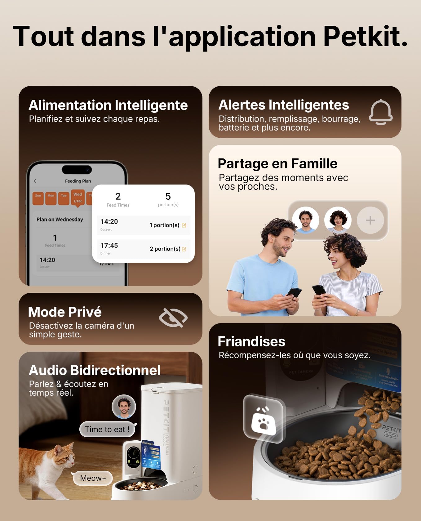 PETKIT YumShare Solo 2 Distributeur Croquettes Chat Automatique avec Caméra, Reconnaissance faciale Multi-Chats, WiFi 2.4 GHz & 5GHz, Vision Nocturne, Contrôle Via App, Jusqu'à 5 Repas par Jour