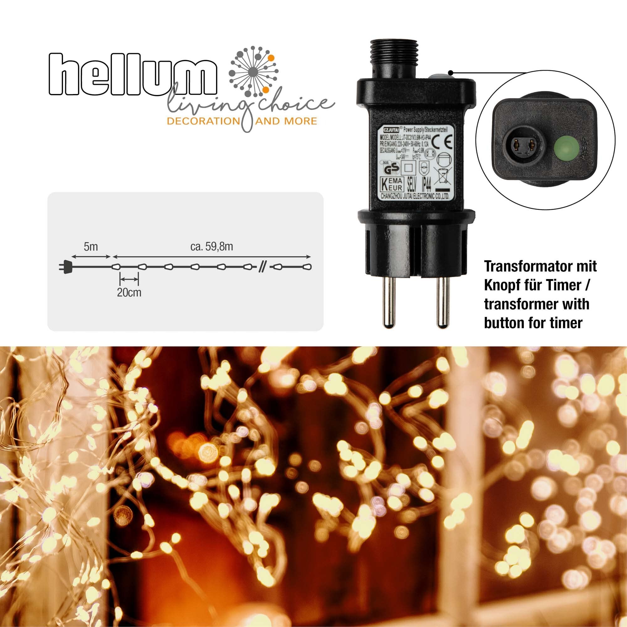 hellum LED Lichterkette außen Bernstein, Timer, Trafo, 59,80m beleuchtet | Lichterkette bernsteinfarben mit 300 LED, Kupferkabel mit Aufrollhilfe, für Hochzeit, Garten, Party, Weihnachten <59lm 578904