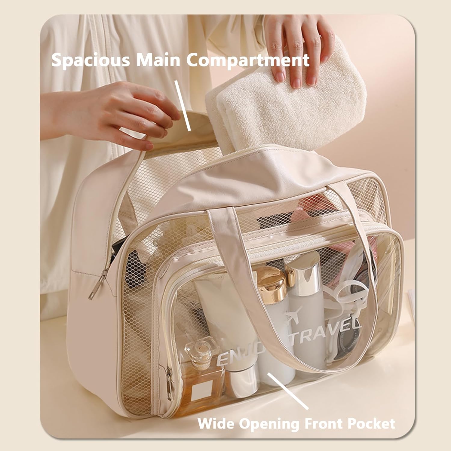 Travel Toiletry Bag for Women and Men, Large Shower Bag for Traveling/Gym, Clear Beach Tote Waterproof Sandproof (Beige) - Image 2