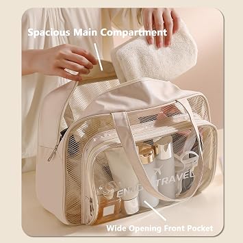 DAPOWER Travel Toiletry Bag for Women and Men, Large Shower Bag for Traveling/Gym, Clear Beach Tote Waterproof Sandproof (Beige)