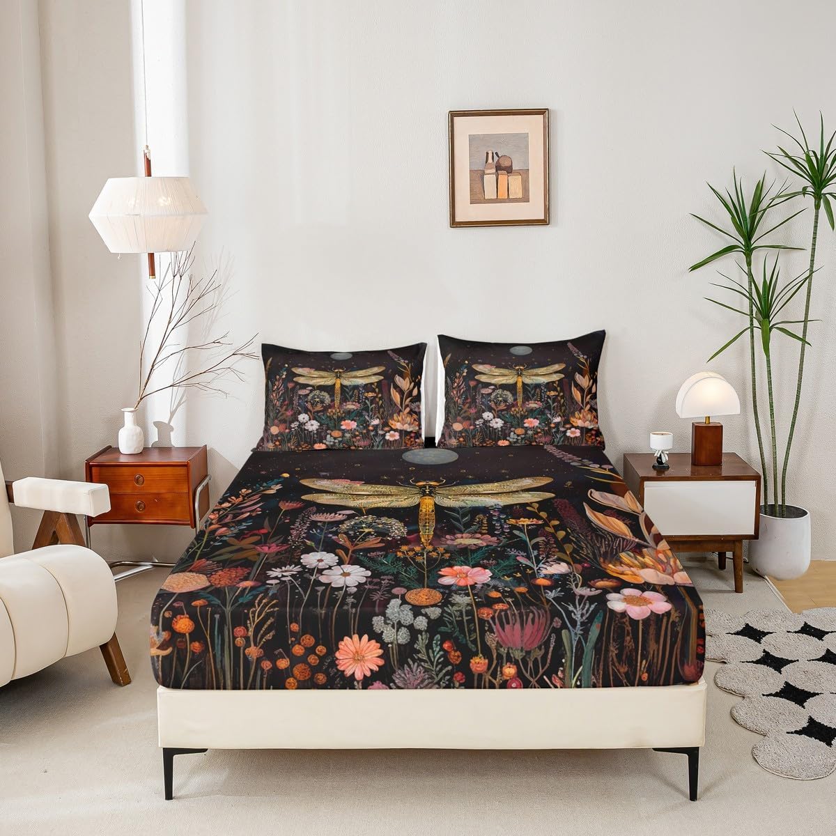 Retro Flowers Garden Rustic Plants Fitted Sheet,Full Size Boho Starry Moon Collections,Wild Dragonfly Bedding Deep Pocket for Children Teens Young with 2 Pillowcases(No Flat Sheet)