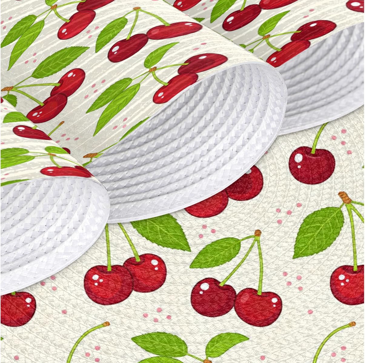Cherry Print Round Braided Placemats Set of 6 Washable 15 Inch Round Table Mats Woven Heat Resistant Round Place Mats for Kitchen Dining Table