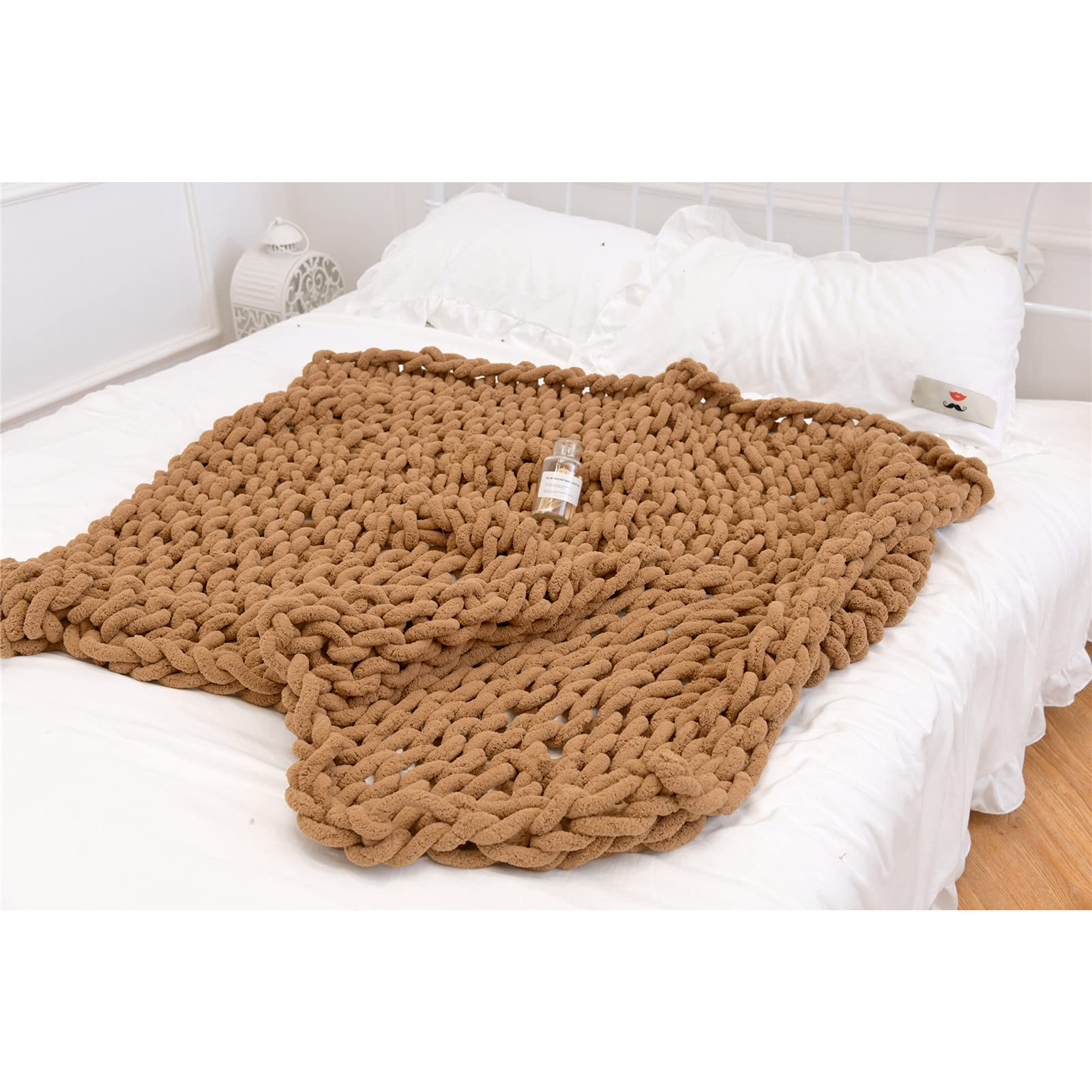 Manta acogedora de punto grueso, manta de felpilla suave tejida a mano para cama, sofá, silla y oficina, decoración del hogar, lavable a máquina, 70 x 80 pulgadas (camello)