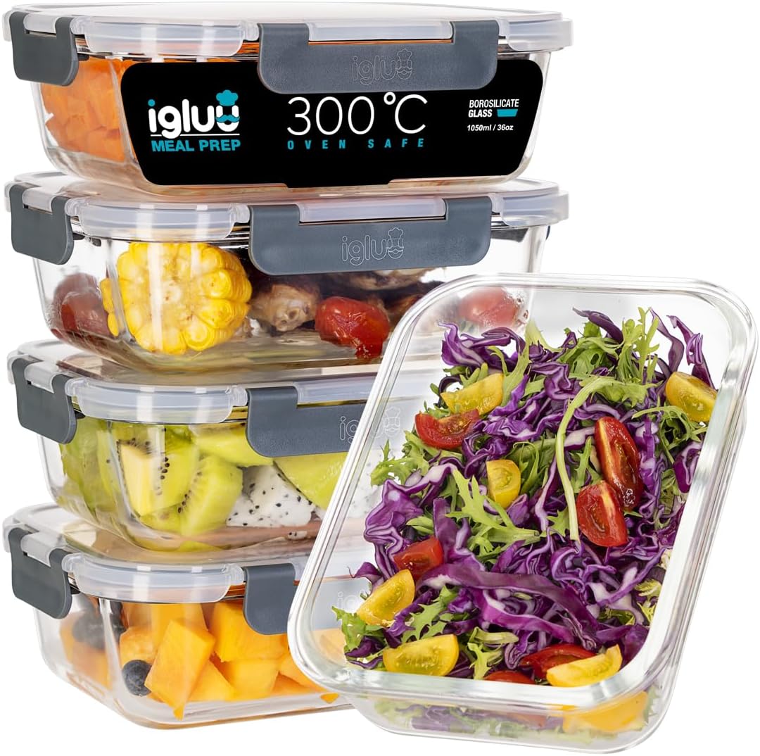 Igluu Meal Prep Glas-Frischhaltedosen mit BPA-freiem Deckel (5er-Pack) – mikrowellen-, ofen-, gefrier-, spülmaschinengeeignet, auslaufsicher – 1050 ml – robustes Borosilikatglas