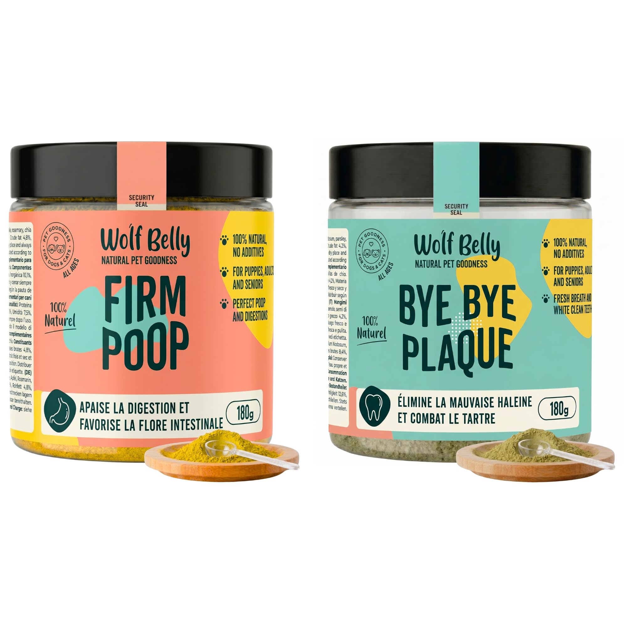 Wolf Belly - Pack Probiotique et Hygiène Dentaire 100% Naturel (180g) | Digestions Saines + Anti tartre | pour Chiens et Chats | Format Poudre - Fabriqué en Europe