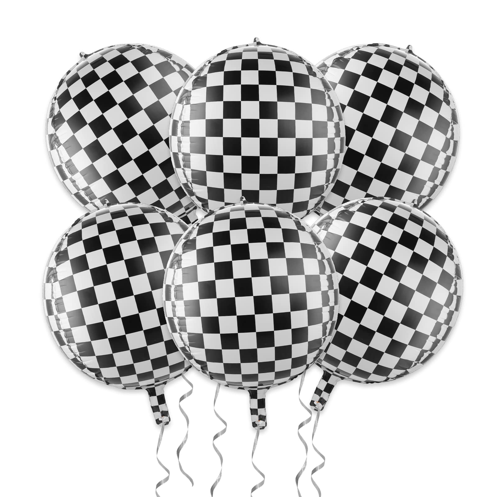 THINP 6 Pieces Checkered Balloons, Race Car Balloons 22 Inch Black and White Checkered Balloons 4d Round Sphere Foil Checkered Flag Balloons for Boy Adult Racing Themed Party Decoration Supply