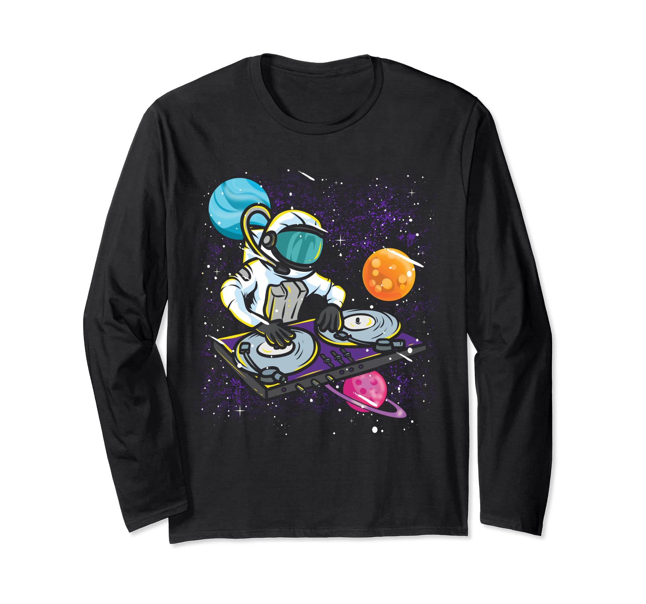 Astronaut DJ In A Space Suit Playing Music Stars Planets Long Sleeve T-Shirt