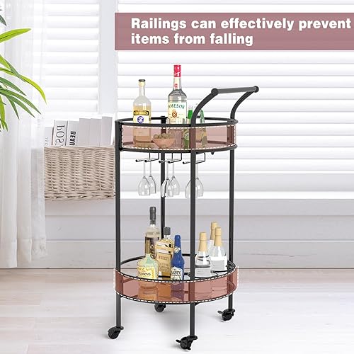 Miniatura 7 de Carrito redondo negro con 2 estantes de espejo, estante para vino y ruedas con cerradura, adecuado para cocina del hogar, club, sala de estar,