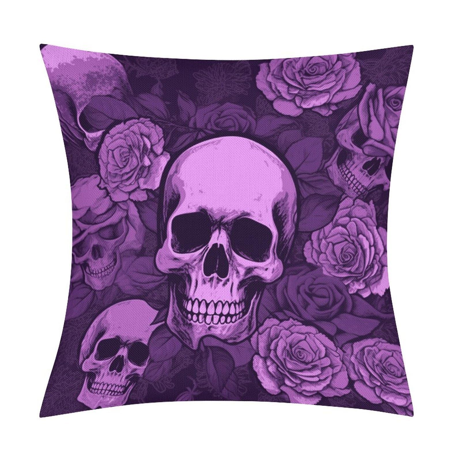 FekiLoot Purple Skulls and Roses Throw Pillow Cover Soft Square Cushion Case Farmhouse Cushion Cover Decorative Pillow Cover Modern Pillowcase for Sofa Living Room Bed Home Decor 18x18 Inch