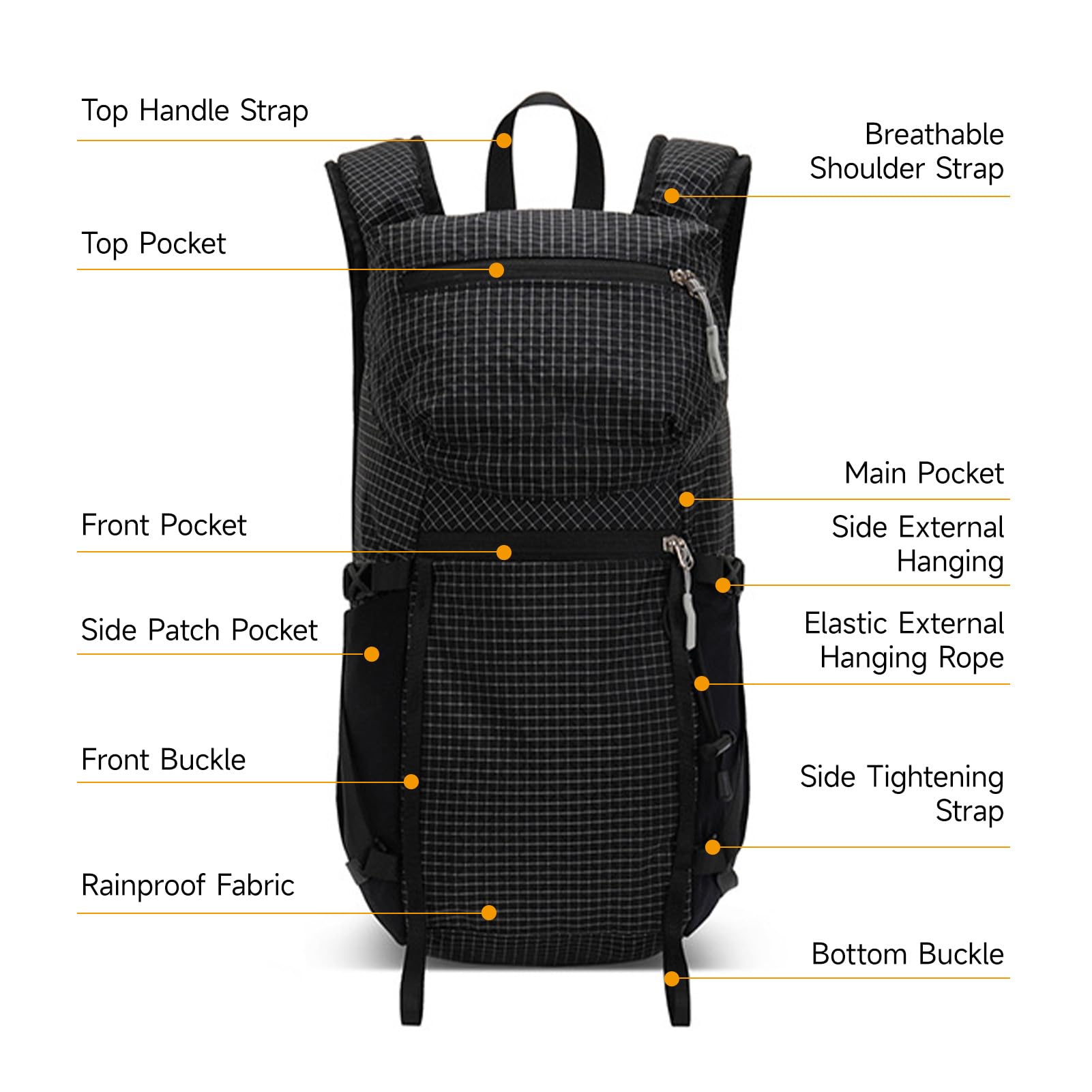 Piccolo zaino da escursionismo, 25 l, leggero, da viaggio, escursionismo, zaino in nylon 210D, tessuto a griglia per donne e uomini, per trekking, zaino in spalla, sport all'aria aperta