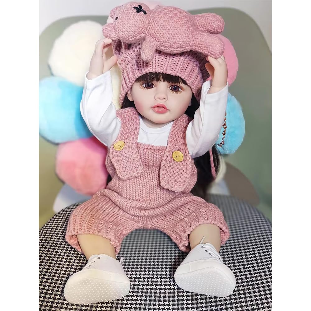 Bambola Reborn Realistica,50 cm Vestito Lavorato a Maglia, con Orsetto, Bambole Reborn Femmina - 20 Pollici Bambole Reborn Realistiche con Capelli Lunghi, Adatta dai 3 Anni