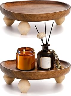 Dicunoy 2 Pack Acacia Wood Riser for Decor, 6" Small Wood Pedestal Display Stands for Kitchen Counter, Rustic Wooden Tray for Bathroom Counter, Tabletop Centerpieces, Entry Table, Farmhouse Decor