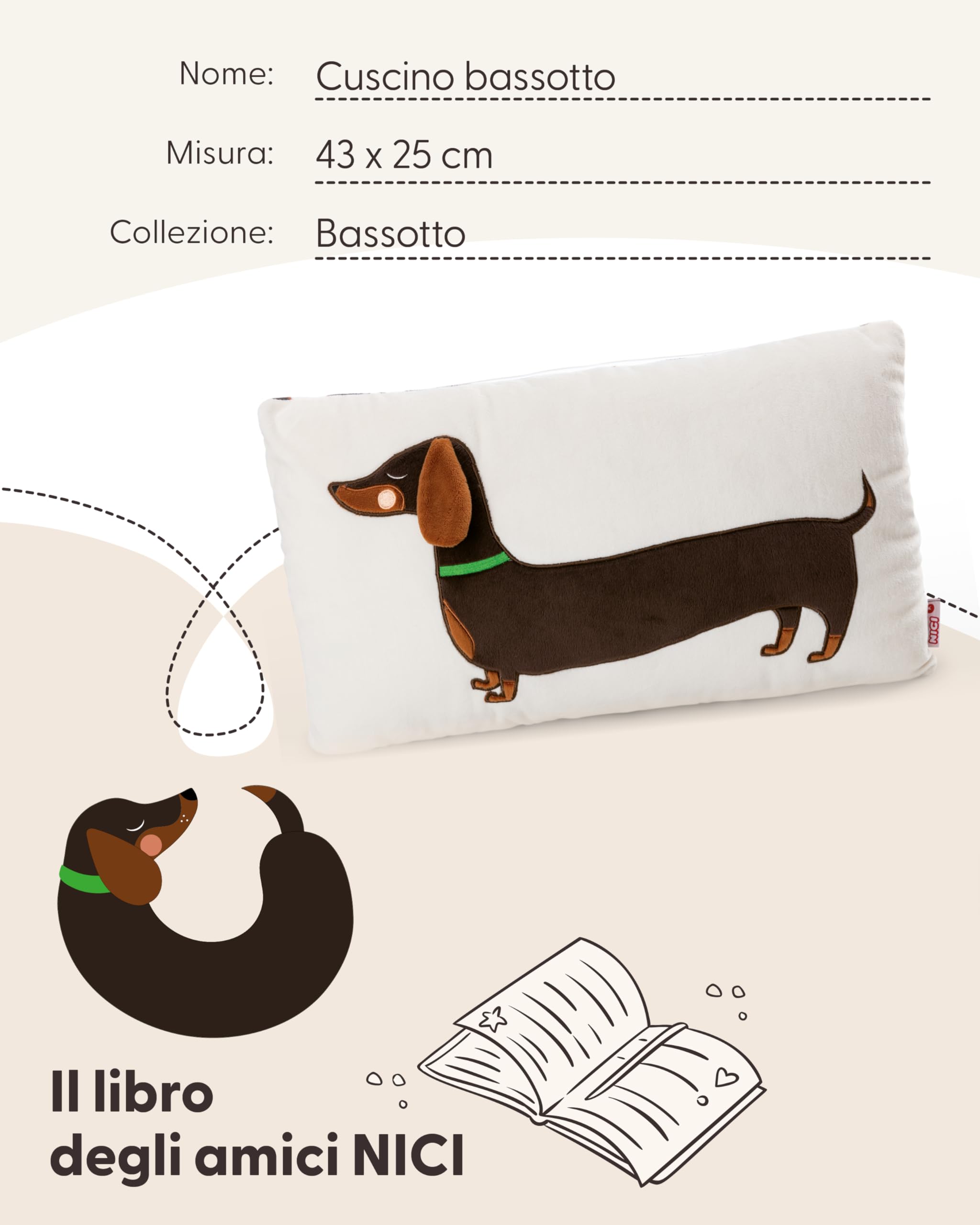 NICI Cuscino con motivo bassotto, morbido e adatto a ragazzi, ragazze e amanti dei peluche, ideale per casa, asilo o in viaggio, 43 x 25 cm, marrone - 61899
