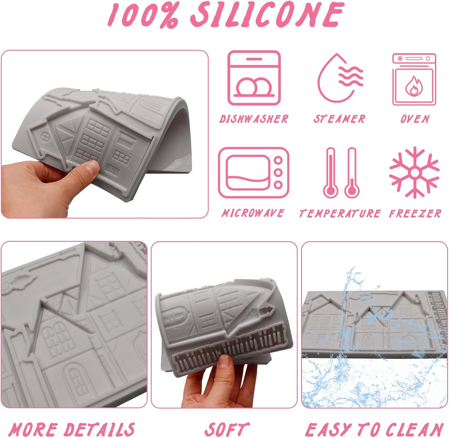 Victorian Houses Silicone Mold, Vintage Buildings Fondant Mold with Lamp Post, 7.95 x 4.92 inches, Gray