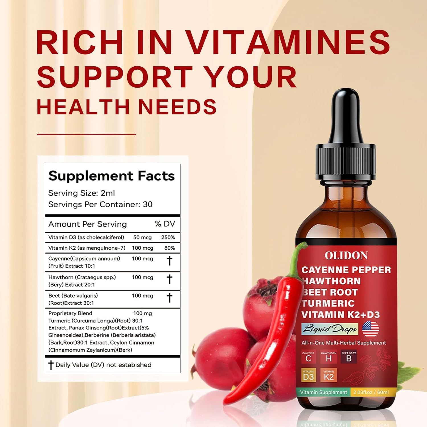 New Cayenne Pepper Drops, 60ml Clean Cayenne Pepper Hawthorn Beet Root – 3 Bottles （90-Day Supply）