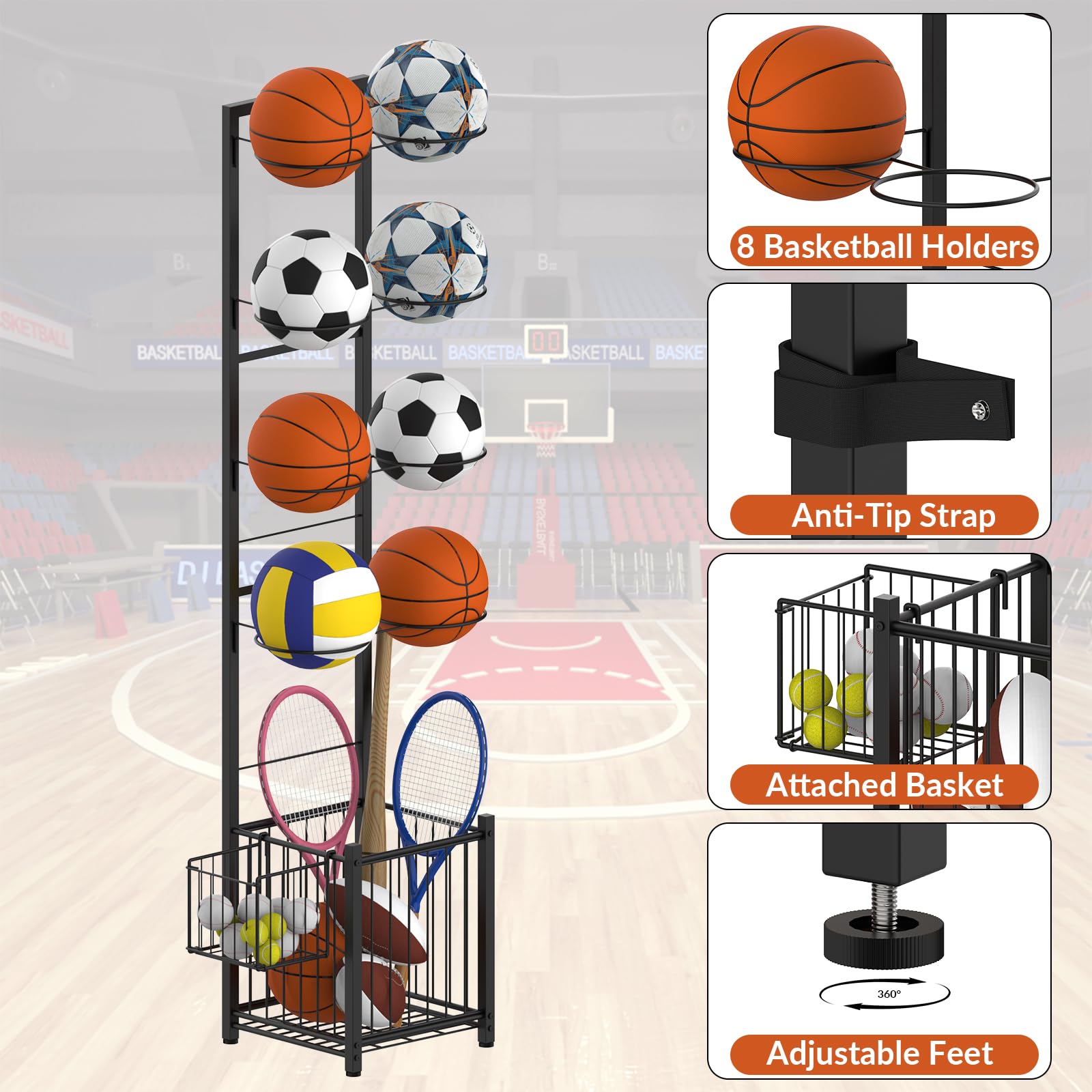 CADUKE Scaffale per pallacanestro, da garage, con cestini, rack sportivo con supporto per palloni, per basket, calcio, pallavolo, calcio, racchette, per interni/esterni, nero