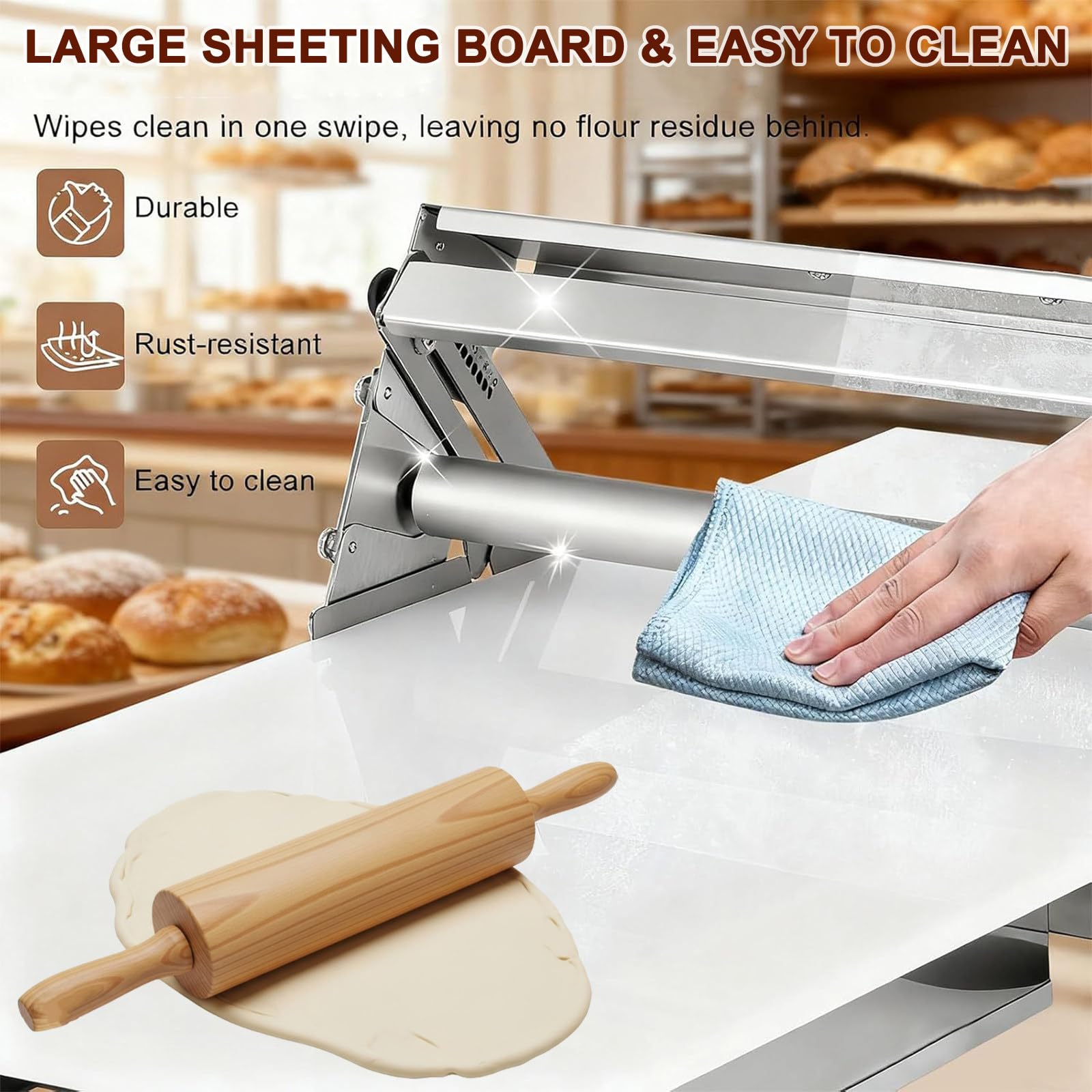 Laminoir à Pâte Pliable avec Planche à Laminer, Machine Manuelle en Acier Inoxydable avec épaisseur Réglable, pour Croissants, Pizzas et Pâtisseries A400