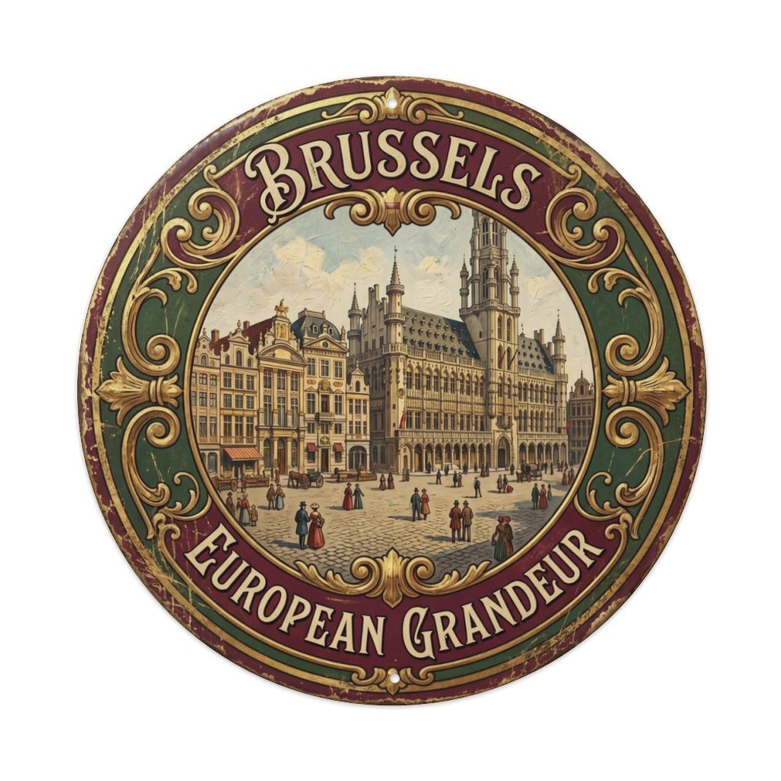 Vintage Travel Brussels Grandplace Splendor Metal Tin Sign Plaque Wall Decor for Cafe, Club Bar, Office, Home Garden Round Metal Poster 8x8Inch