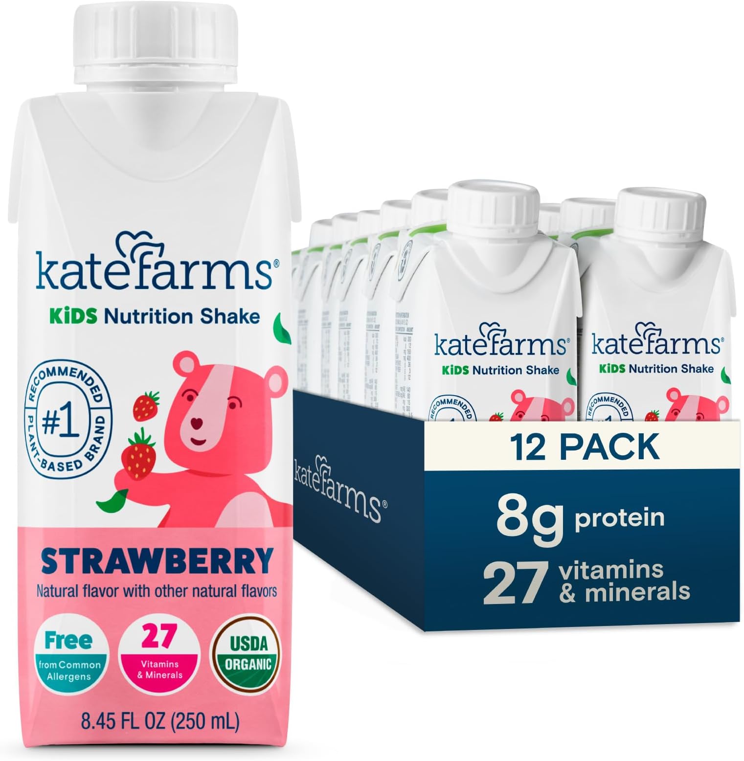 Organic Kids Nutrition Shake,Strawberry, 8g of protein, 27 Vitamins and Minerals, Meal Replacement Drink, Protein Shake, Gluten Free, Non-GMO, 8.45 Fl oz (Pack of 12)