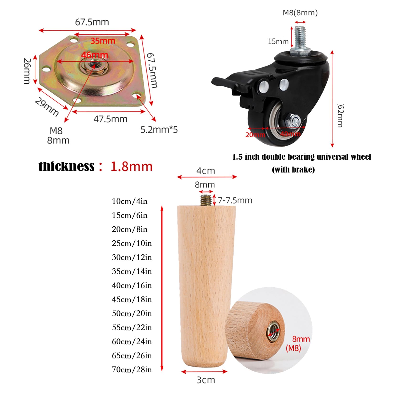 Patas de Muebles de Madera con Ruedas, 4 Piezas Patas Cónicas Patas De Mesa Patas de Escritorio,para Armario Sofá Comedor Soporte de TV
