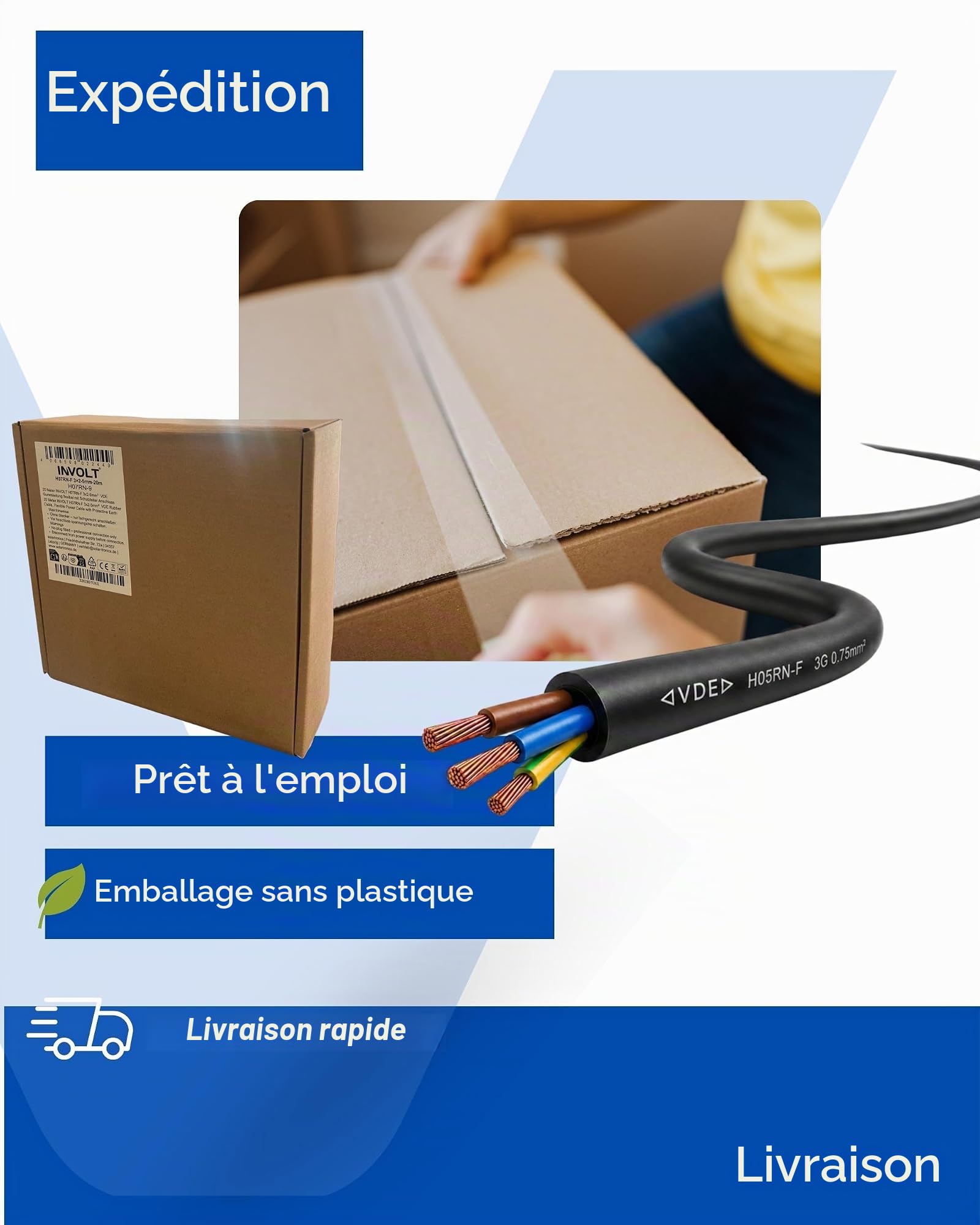INVOLT 50m de câble en caoutchouc H05RN-F 3G0,75 mm², flexible, robuste, câble en caoutchouc avec conducteur de protection pour la connexion d'appareils électriques, VDE