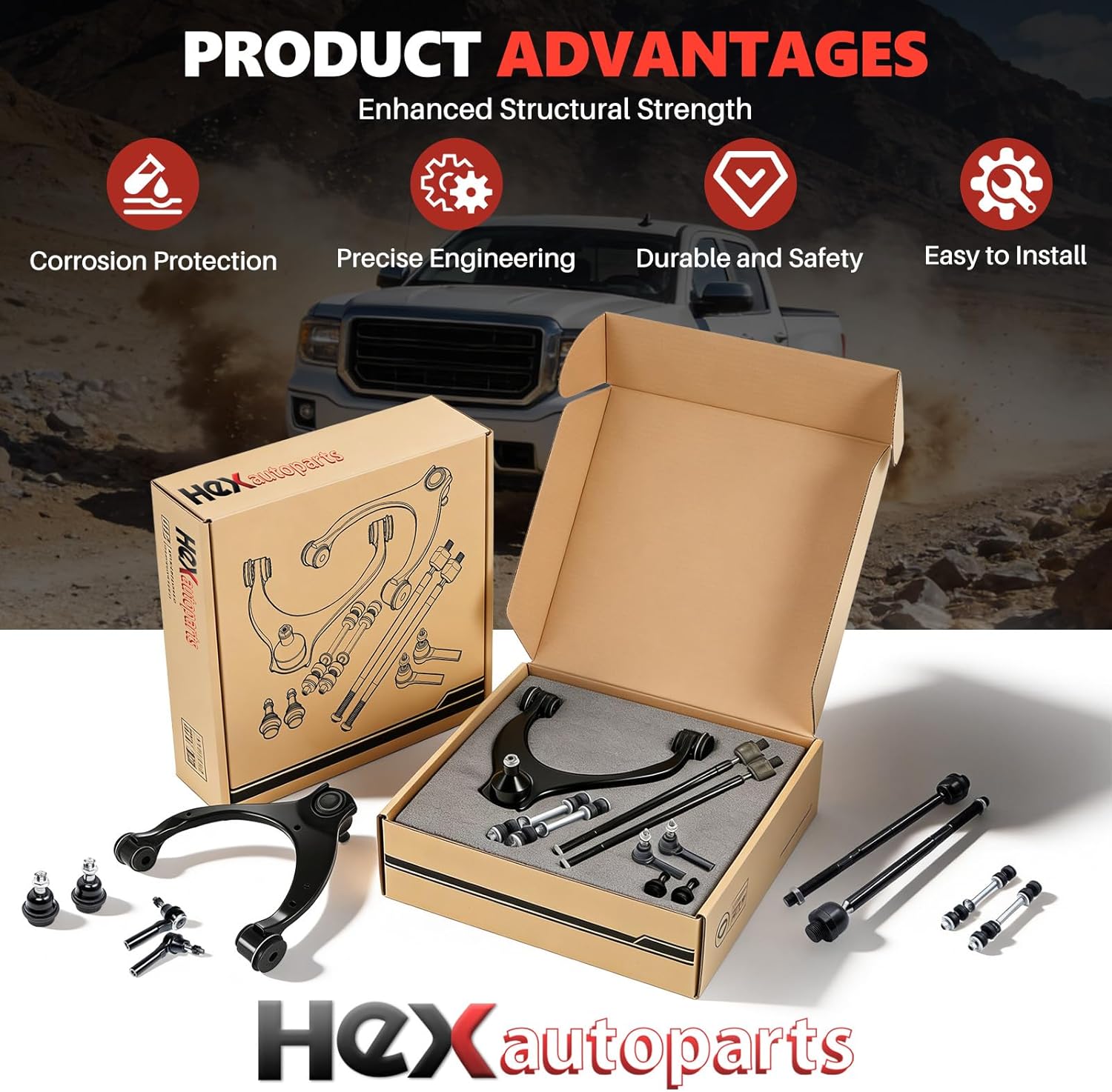 10pcs Front Upper Control Arm Suspension Kit replacement for Chevy Silverado 1500 Suburban Tahoe GMC Sierra 1500 Yukon XL Cadillac Escalade ESV 2015-2019 W/Sway Bar Tie Rod Ends Ball Joints