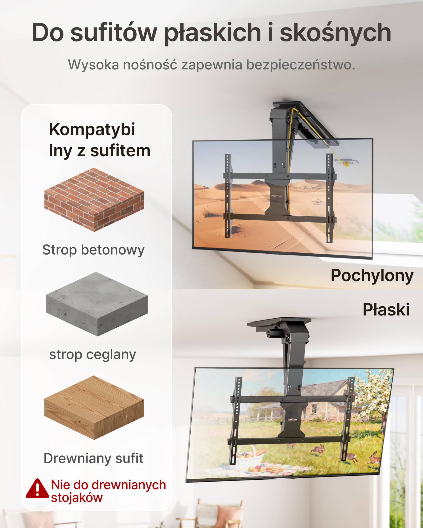 monTEK Elektryczny Uchwyt Sufitowy TV 37-75", do 45 kg | Elektryczny uchwyt sufitowy do TV z pilotem, aplikacją i sterowaniem głosowym, do sufitów płaskich i skośnych