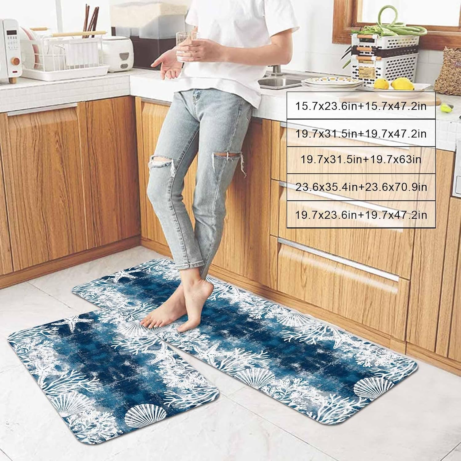 Marine Life Kitchen Mat Set 2 Pieces Nautical Blue White Coral Starfish Shell TBlue Non Slip Kitchen Rugs Washable Runner Rug Mats for Floor Sink Laundry Office 23.6" x 35.4"+23.6" x 70.9"
