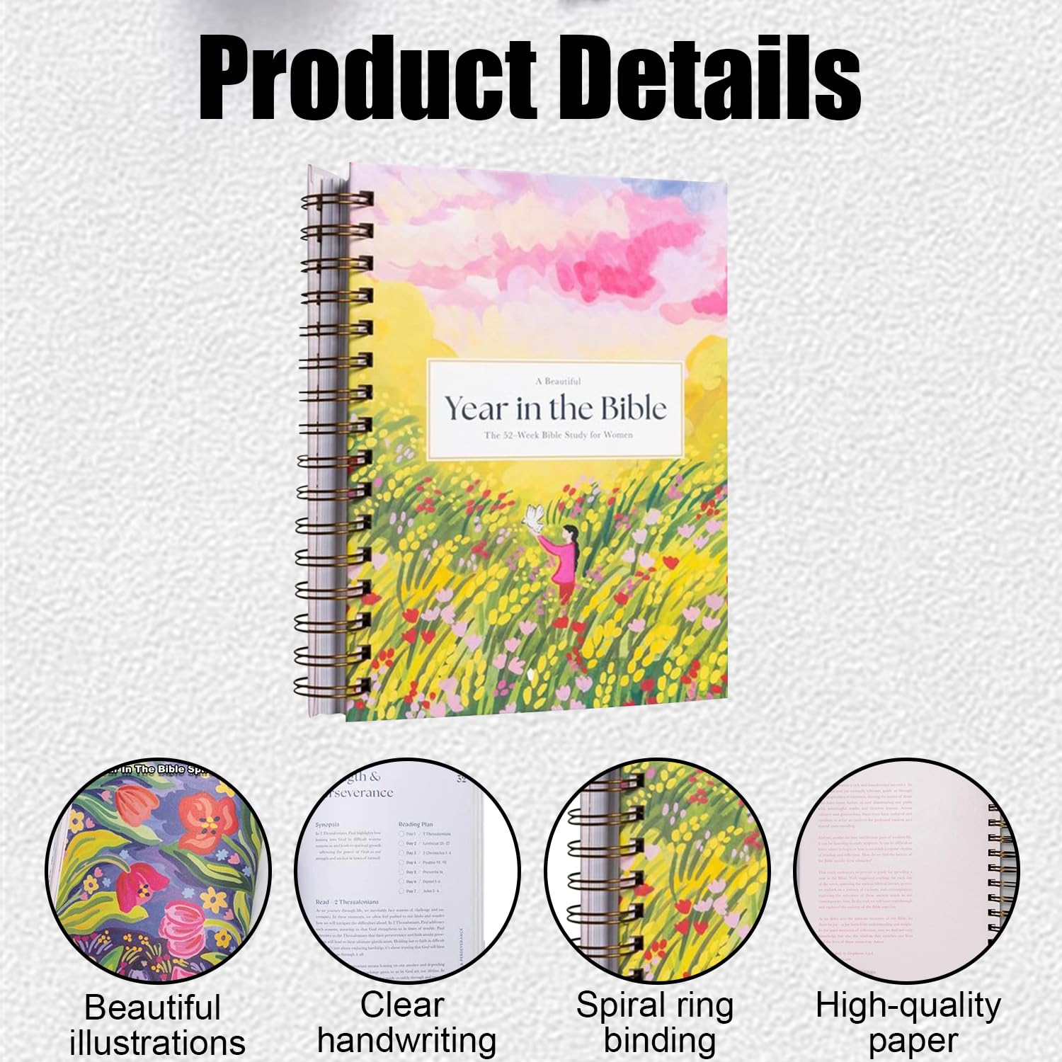 Nhemeylp A Beautiful Year in the Bible for Women (Spiral Bound) 52 Week Biblia Study For Women Christian Growth Enlightenment Bible's Study Accessories Religious Manual Notebook for Adults - Image 3