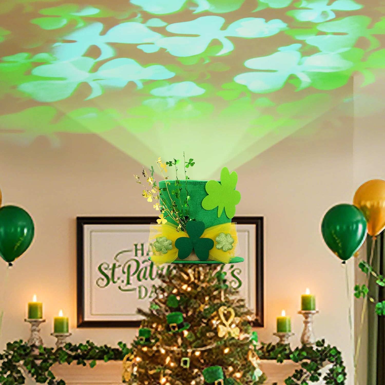 Glooglitter St. Patrick's Day Tree Topper Hat with Projector Large Green Clover Velvet Hat Leprechaun Decor with LED Light Rotating Green Shamrock for St Patricks Day Irish Home Decoration