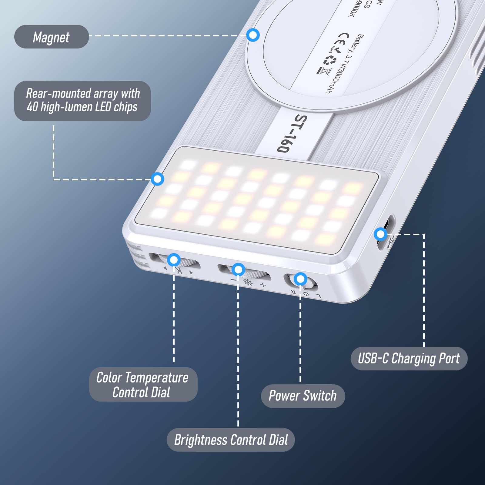 Luz De Selfie MagnéTica, Luz De TeléFono PortáTil para GrabacióN De VíDeo, 160 Led Luz De Selfie MagnéTica De Doble Lado Ajustada 3 Modos De Luz, para Tiktok, Instagram, Vlog, GrabacióN De VíDeo
