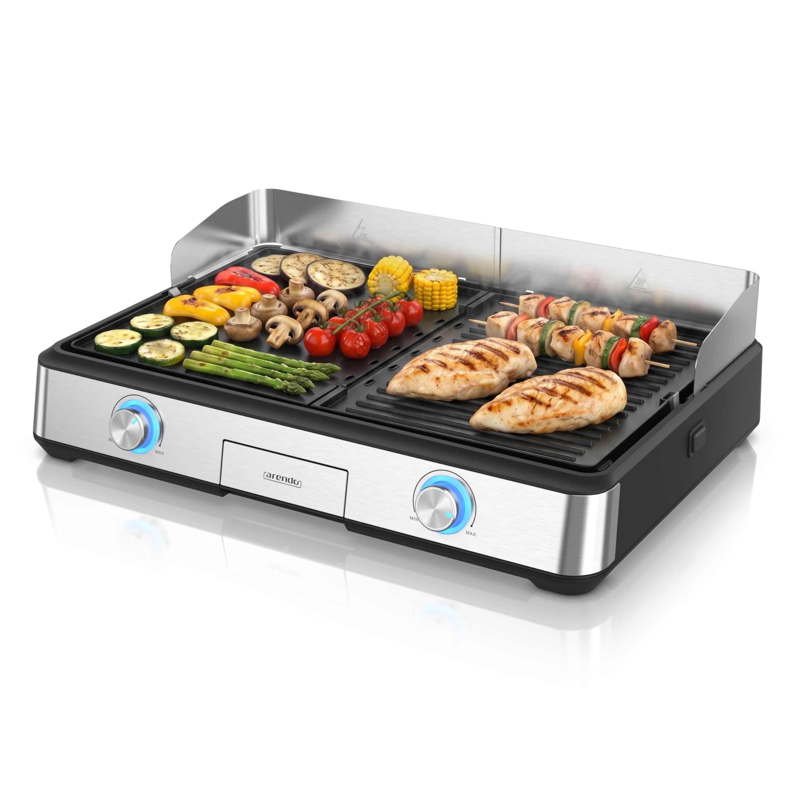 Arendo - Tischgrill elektrisch mit 2 Grillzonen - 2 Thermostate - Elektrogrill Edelstahl – 2800W Leistung – Antihaft-Beschichtung –Spritzschutz – Für Balkon Küche Terrasse Garten