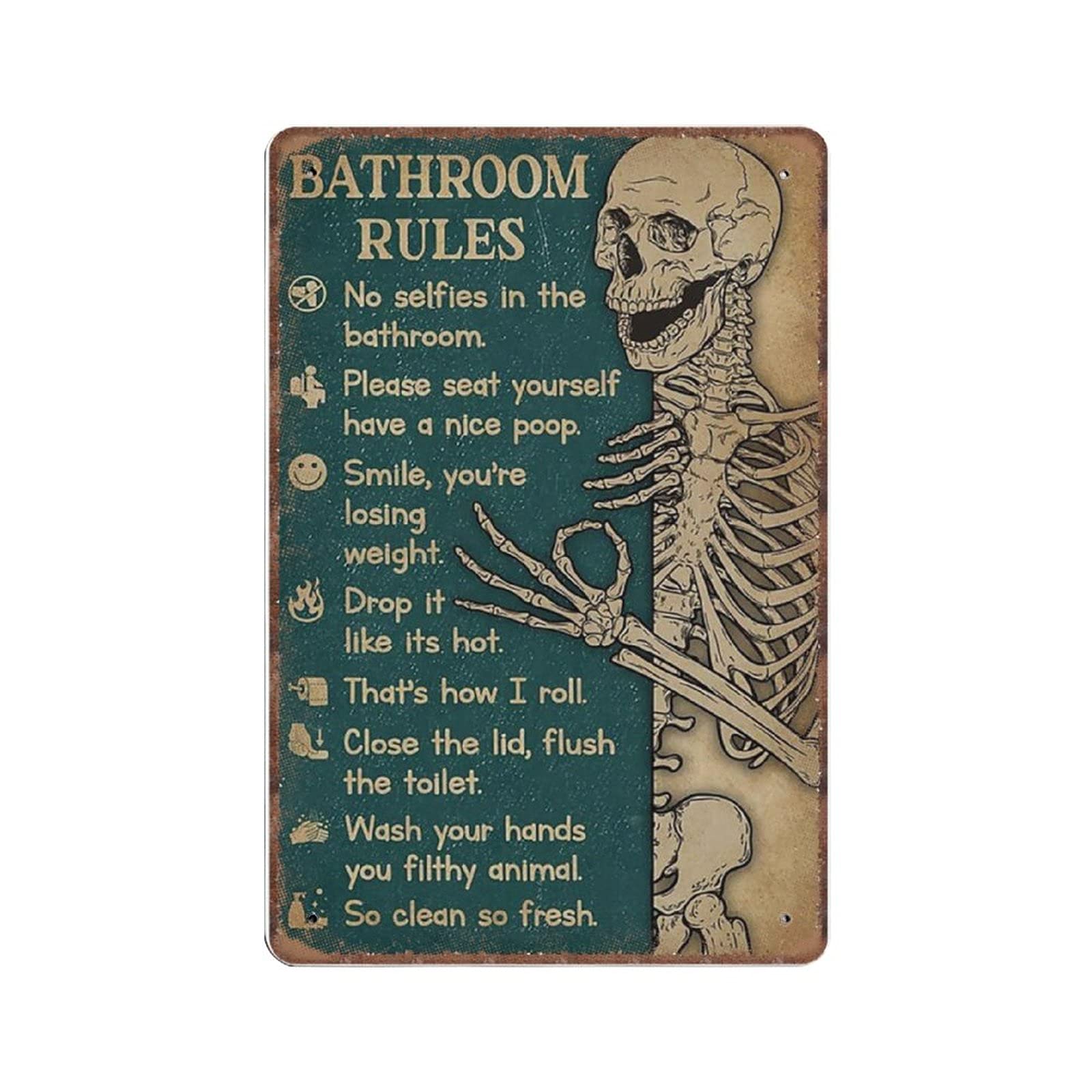 rayprint Bathroom Rules Skeleton Tin Signs Vintage Poster Metal Tin Signs Iron Painting Plaque Wall Decor Bar Club Novelty Funny Kitchen Retro Parlor garage Gifts for mom Dad, 20X30cm