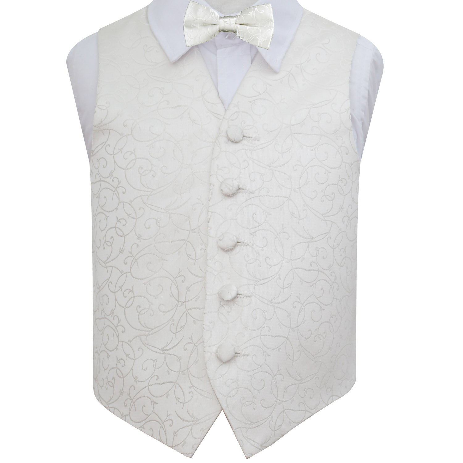 DQT Boys Swirl Jacquard Waistcoat & Pre-Tied Bow Tie Set (2pc) - Wedding Pageboy Formal Vest - Ivory 13-14 Years 34"